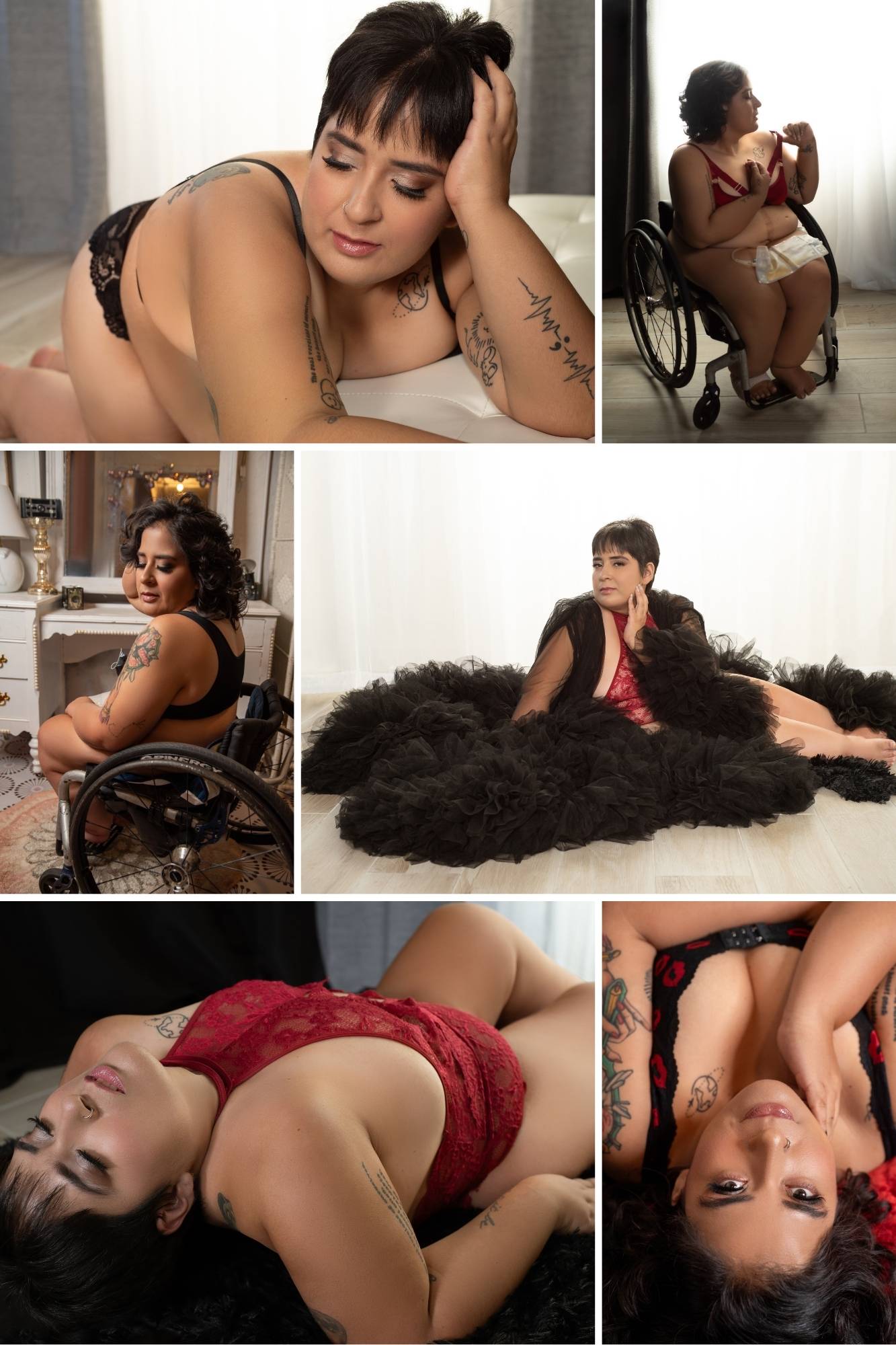 Collage of images of a woman in a wheelchair